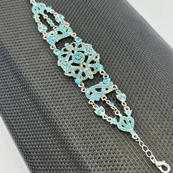 Vintage VCLM Victorian Style Silver Tone Bracelet, Blue Crystals, Faux Turquoise - Picture 2 of 9